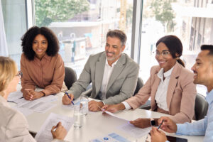 Executive business team working at a desk together