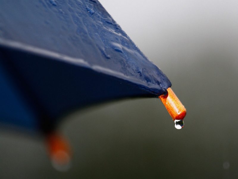 Up-close shot of a blue umbrella with a drip of rain falling off of the wooden frame for Business Umbrella Insurance.